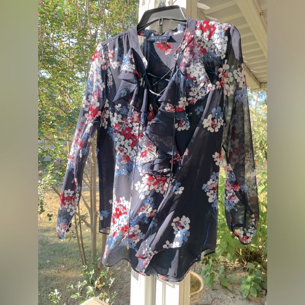 Tommy Hilfiger Blue and Red Ruffle Blouse